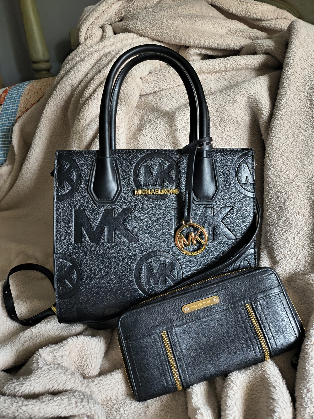 Black Embossed Logo Leather Tote with Zip Wallet